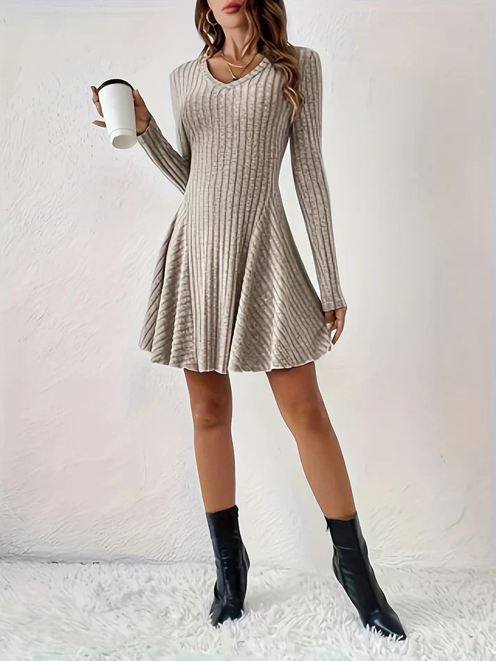 Élégante Robe Côtelée Décolleté en V Ligne A Manches Longues Élégante Pour Femme | Idéale Pour Toute Occasion