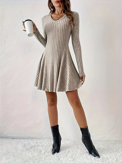 Élégante Robe Côtelée Décolleté en V Ligne A Manches Longues Élégante Pour Femme | Idéale Pour Toute Occasion