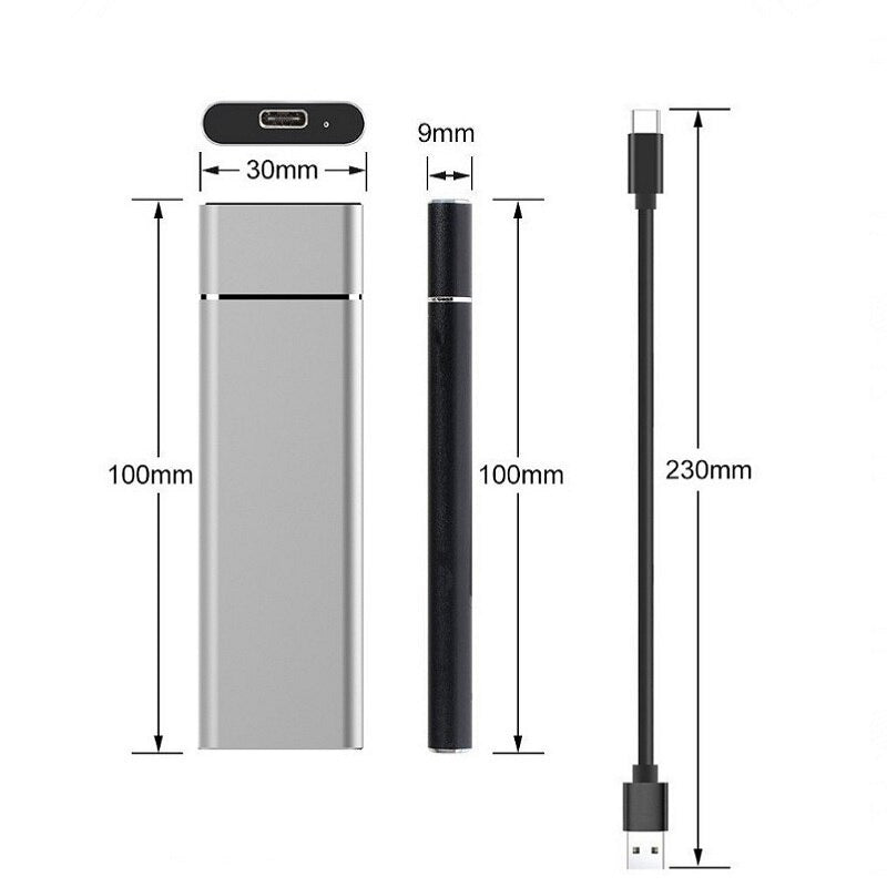 Image de chargeur portable USB-C avec dimensions : 100mm x 30mm x 9mm, câble USB de 230mm. Accessoire compact pour appareils électroniques.