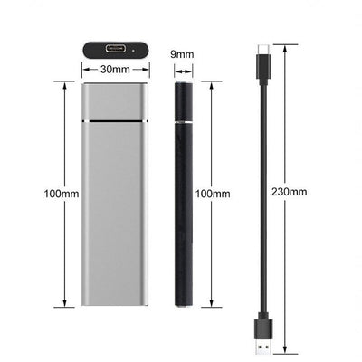 Image de chargeur portable USB-C avec dimensions : 100mm x 30mm x 9mm, câble USB de 230mm. Accessoire compact pour appareils électroniques.