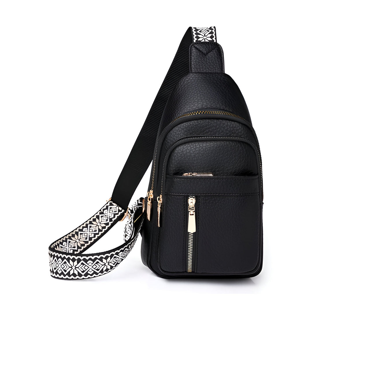 Sac à bandoulière noir en cuir avec fermeture éclair dorée et sangle à motif géométrique blanc et noir, idéal pour un style urbain et moderne.
