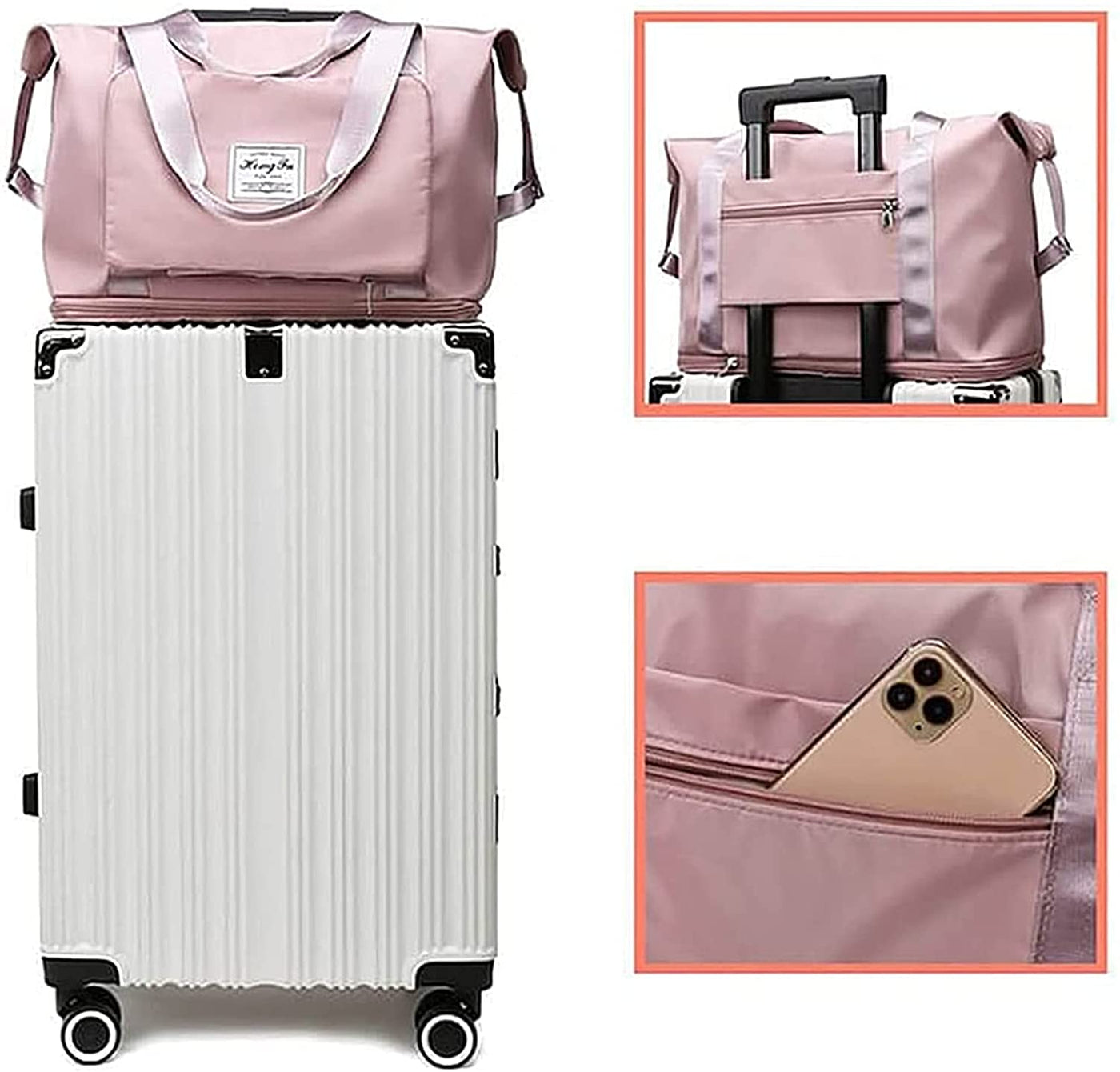 Valise rigide blanche avec sac de voyage rose, poches pratiques, et smartphone dans la poche. Bagage à roulettes, idéal pour voyages.