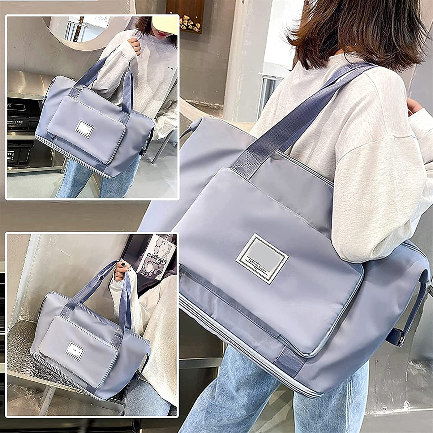 Sac à main violet élégant porté par une femme, design moderne avec étiquette blanche, idéal pour la mode urbaine et les sorties quotidiennes.