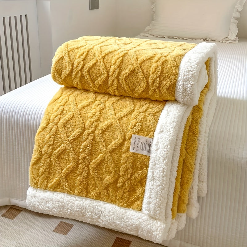 Couverture en laine jaune avec motif géométrique, bordure blanche en peluche, posée sur un lit blanc. Accessoire déco chambre cosy et chaleureux.