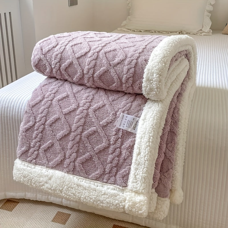 Couverture en laine rose et blanche texturée, posée sur un lit blanc, idéale pour la décoration intérieure et le confort hivernal.