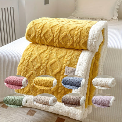 Couverture en laine jaune avec motif géométrique, bordure blanche en peluche, posée sur un lit blanc. Variantes de couleurs disponibles en bas.