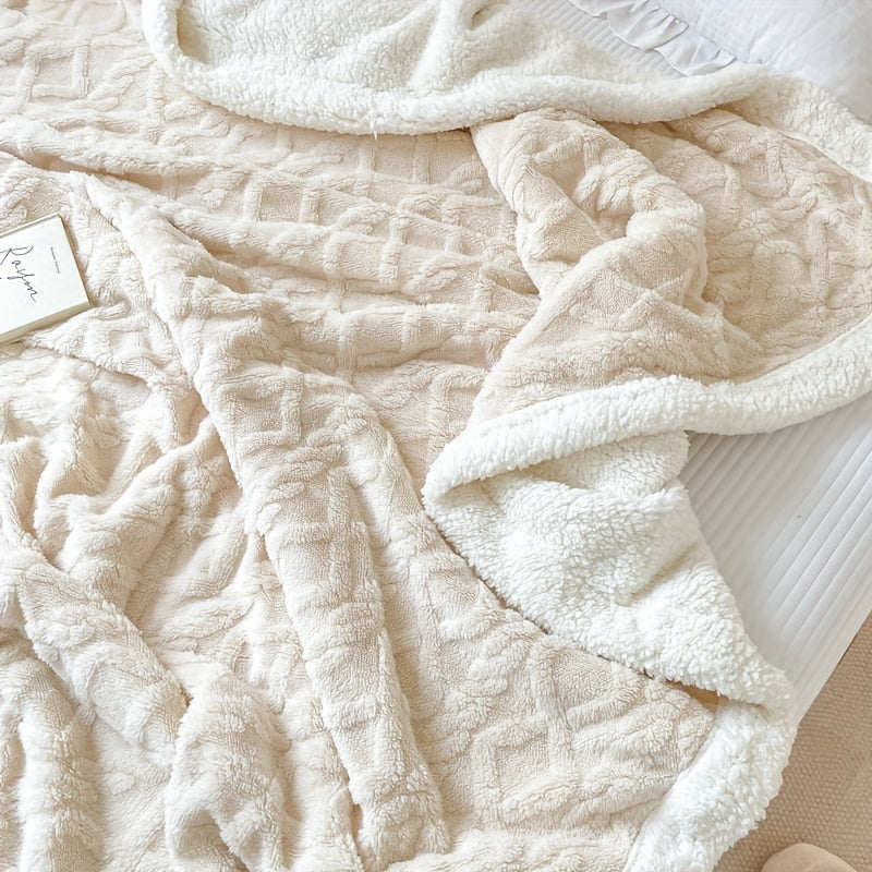 Couverture en fausse fourrure beige sur un lit, texture douce et moelleuse, idéale pour la décoration intérieure et le confort hivernal.