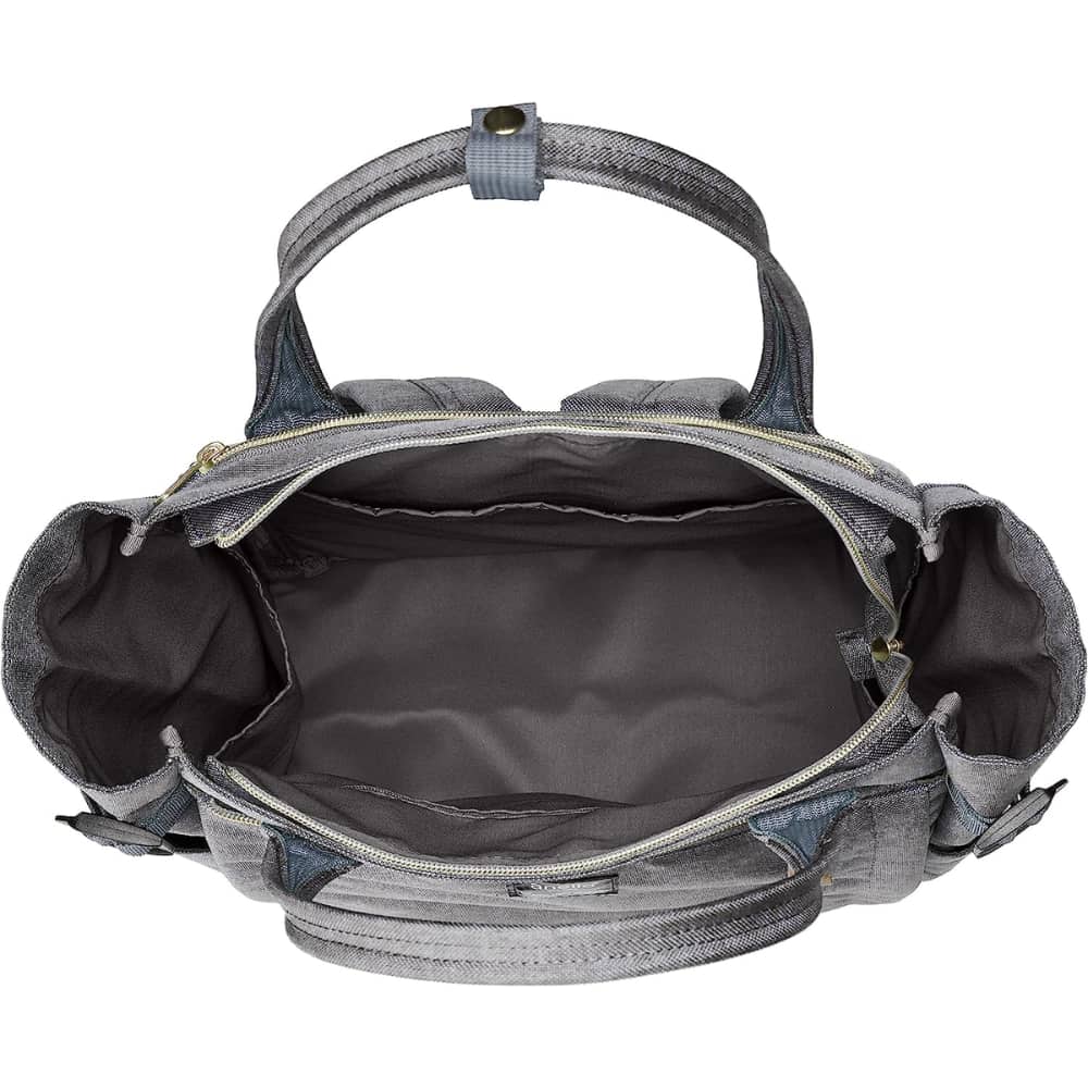 Sac à main en toile grise ouvert, avec plusieurs compartiments zippés, poignées robustes, idéal pour le quotidien et le voyage.