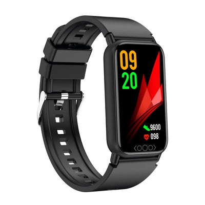 Montre connectée noire avec écran tactile affichant l'heure, le nombre de pas et le rythme cardiaque. Design moderne et sportif.