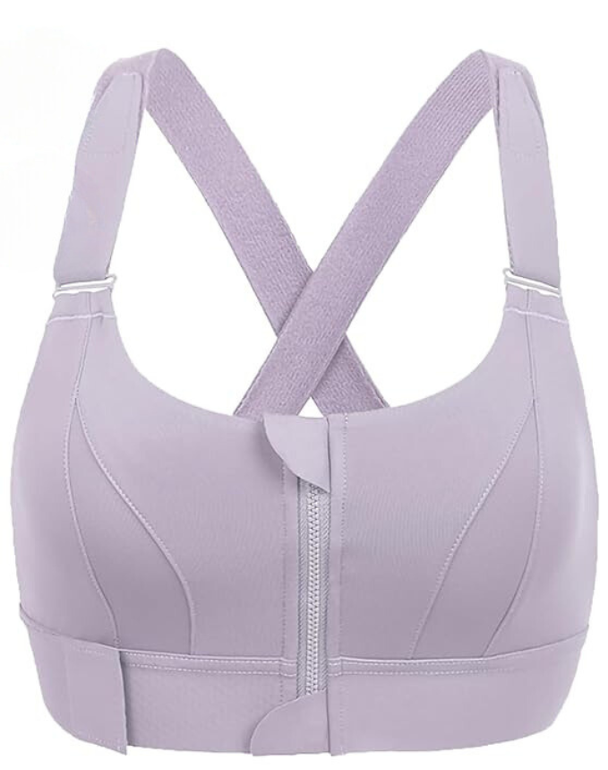Soutien-gorge de sport violet avec fermeture éclair frontale, bretelles croisées, design ergonomique, idéal pour fitness et yoga.