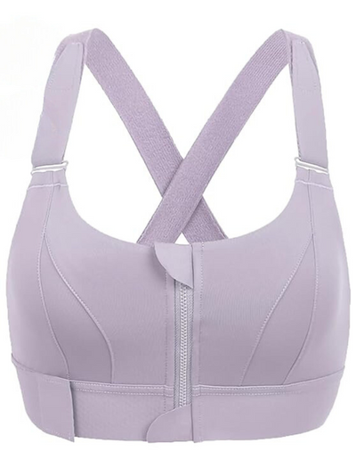 Soutien-gorge de sport violet avec fermeture éclair frontale, bretelles croisées, design ergonomique, idéal pour fitness et yoga.
