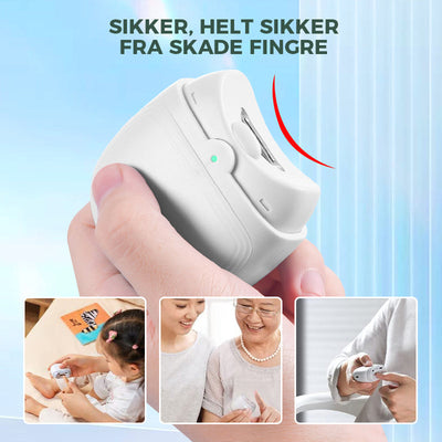 Coupe-ongles électrique blanc sécurisé, utilisé par une personne, avec des images montrant son utilisation facile et sûre pour toute la famille.