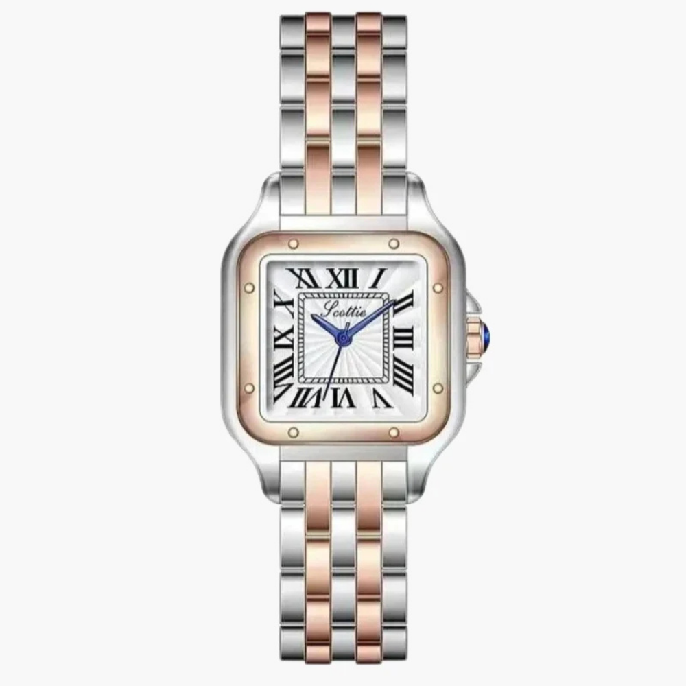 Montre femme élégante en acier inoxydable bicolore, cadran carré blanc avec chiffres romains, bracelet argenté et doré, style classique.