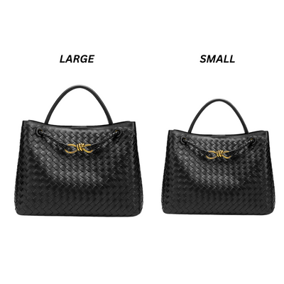 Deux sacs à main noirs tressés, tailles grande et petite, avec poignées et détails dorés. Mode élégante, accessoires de luxe pour femmes.