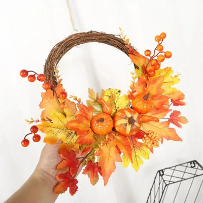 Couronne de feuilles d'érable avec citrouille - Décoration de porte d'automne