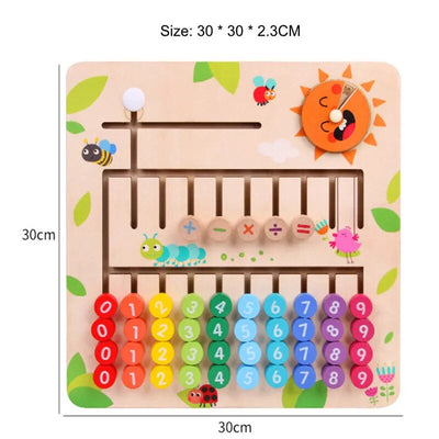 Jeu éducatif en bois pour enfants, abaque coloré avec chiffres et symboles mathématiques, design animalier, dimensions 30x30x2,3 cm.