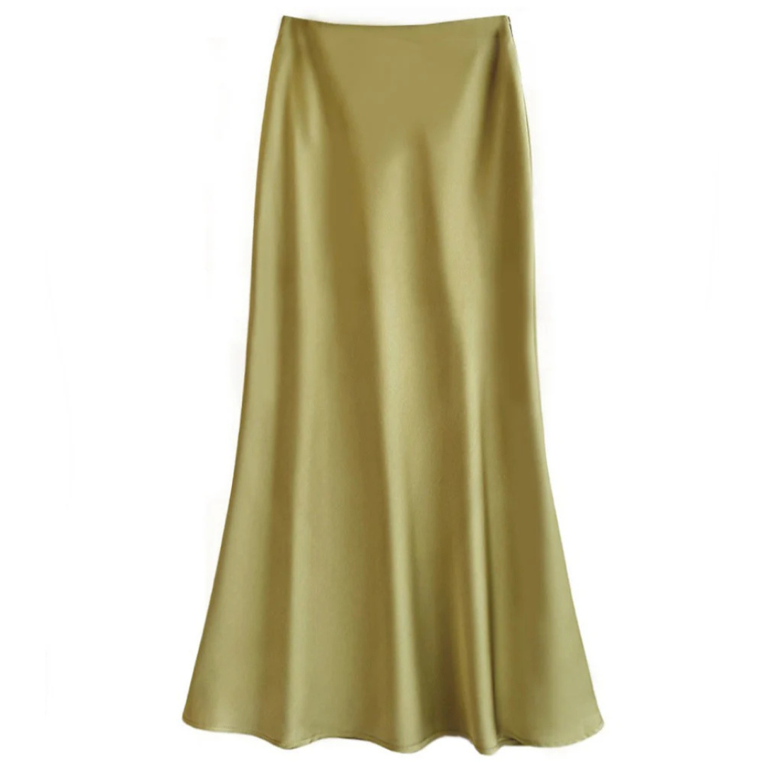 Jupe longue en satin doré, élégante et fluide, idéale pour une tenue chic. Mode féminine, tendance, style raffiné.
