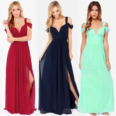 Robes longues élégantes pour femmes, couleurs rouge, bleu marine et vert menthe, avec épaules dénudées et fentes, mode soirée chic.