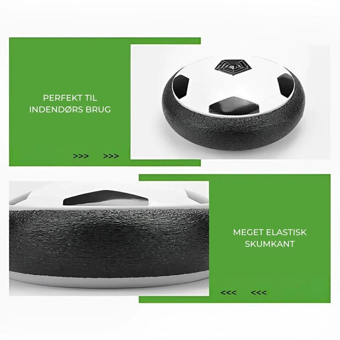 Disque de football flottant pour intérieur, design noir et blanc, bord en mousse élastique, idéal pour jeu en salle, sécurité enfants.