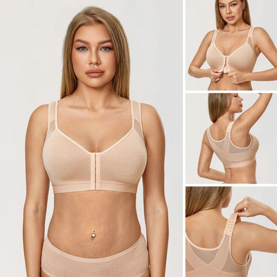 Femme portant un soutien-gorge beige sans armatures, fermeture avant, bretelles ajustables. Confort, lingerie, sous-vêtements féminins.