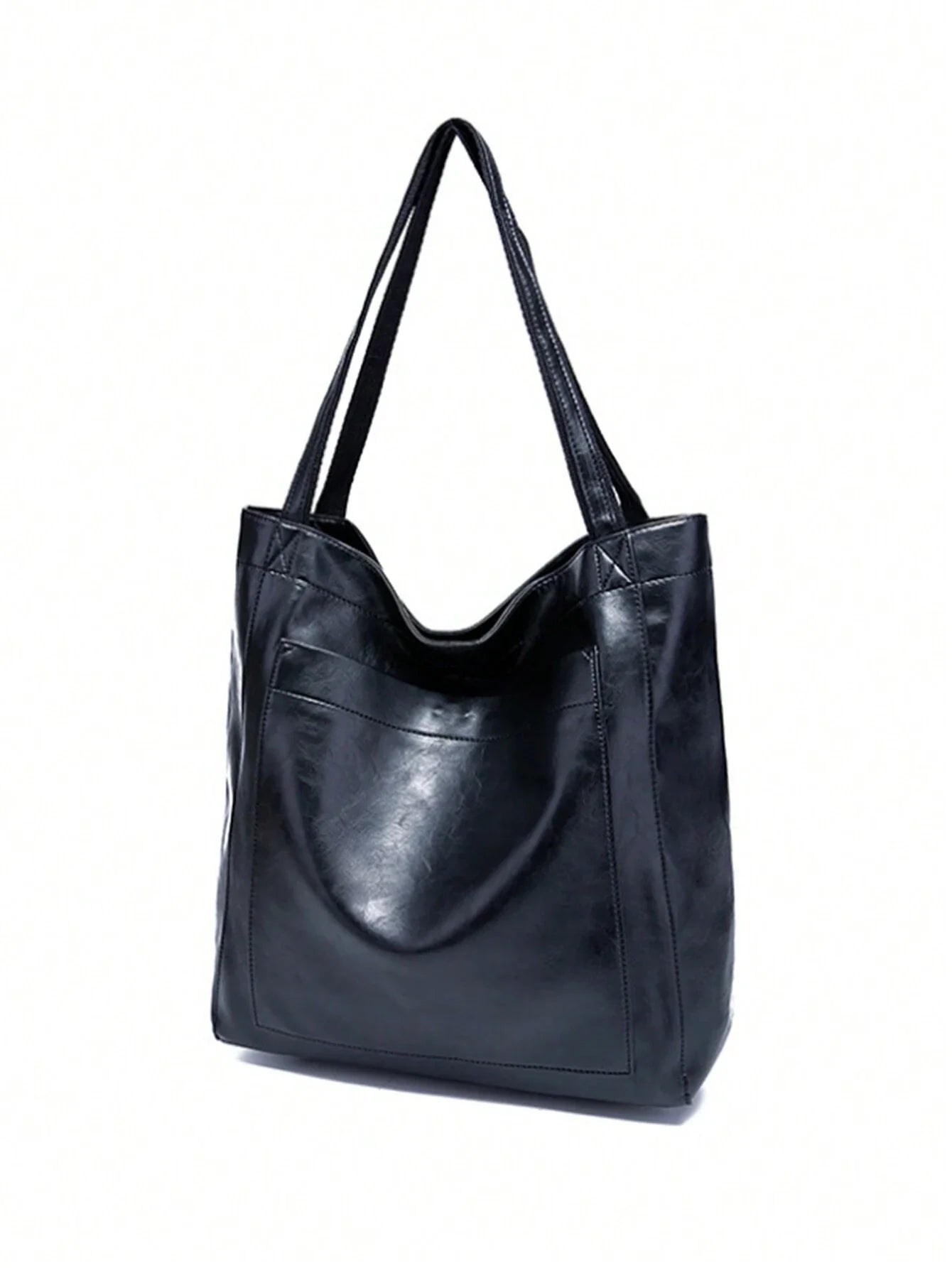 Sac cabas en cuir noir élégant avec anses longues, design moderne et spacieux, idéal pour le quotidien et le bureau. Accessoire mode tendance.