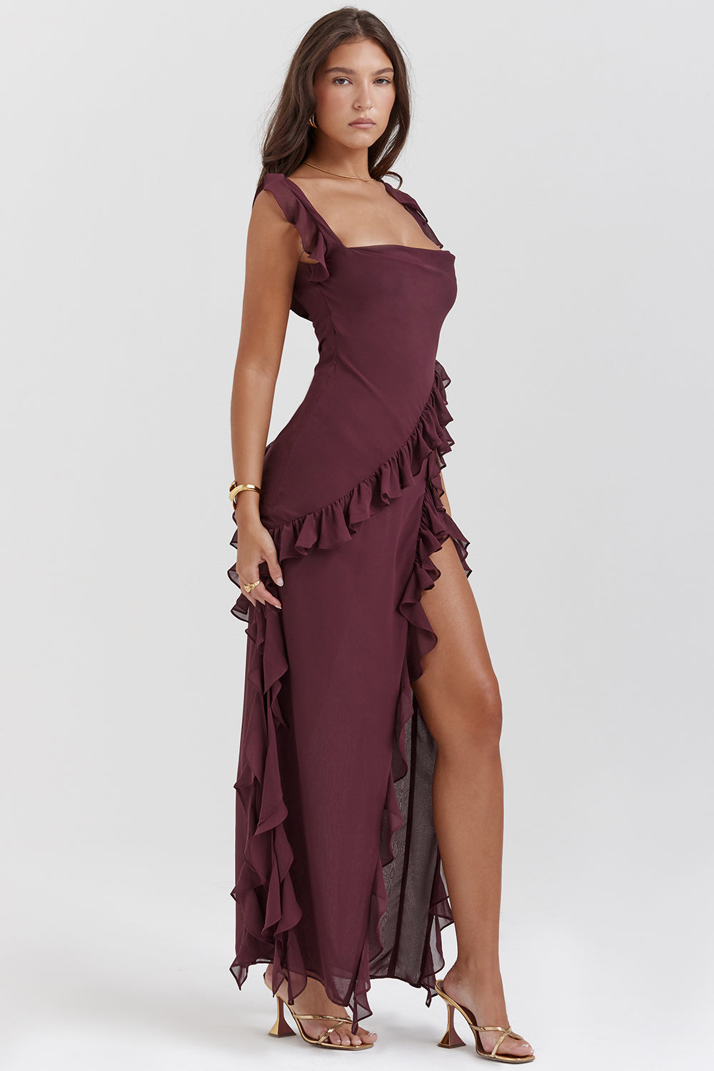 Melantha Robe pour femme - Bretelles réglables - Détail des volants - Fente haute - Coupe élégante
