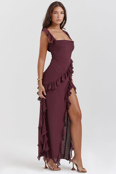 Melantha Robe pour femme - Bretelles réglables - Détail des volants - Fente haute - Coupe élégante