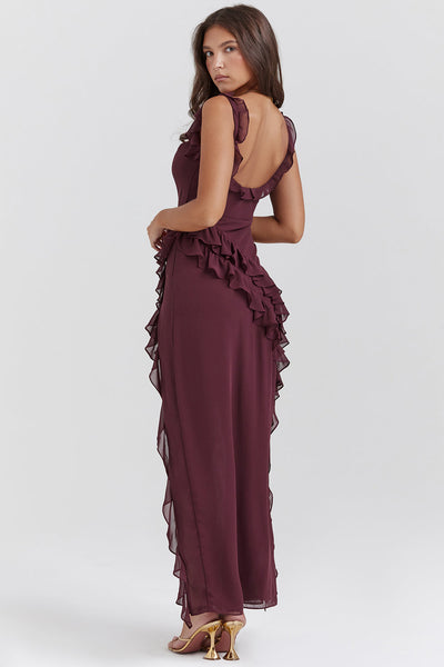 Melantha Robe pour femme - Bretelles réglables - Détail des volants - Fente haute - Coupe élégante