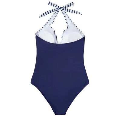 Maillot de bain une pièce bleu marine avec bretelles rayées blanches et bleues, style dos nu, élégant et tendance pour plage et piscine.