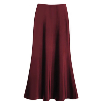 Jupe longue en satin bordeaux, élégante et fluide, idéale pour tenues de soirée ou occasions spéciales. Mode féminine chic et tendance.