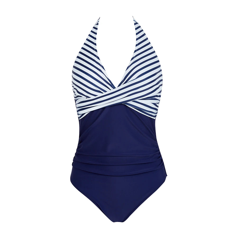 Maillot de bain une pièce bleu marine à rayures blanches, col en V, style croisé, élégant et moderne pour femme, idéal pour la plage.