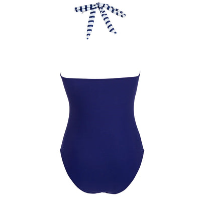 Maillot de bain une pièce bleu marine avec bretelles rayées, style dos nu. Élégant et moderne, idéal pour la plage ou la piscine.