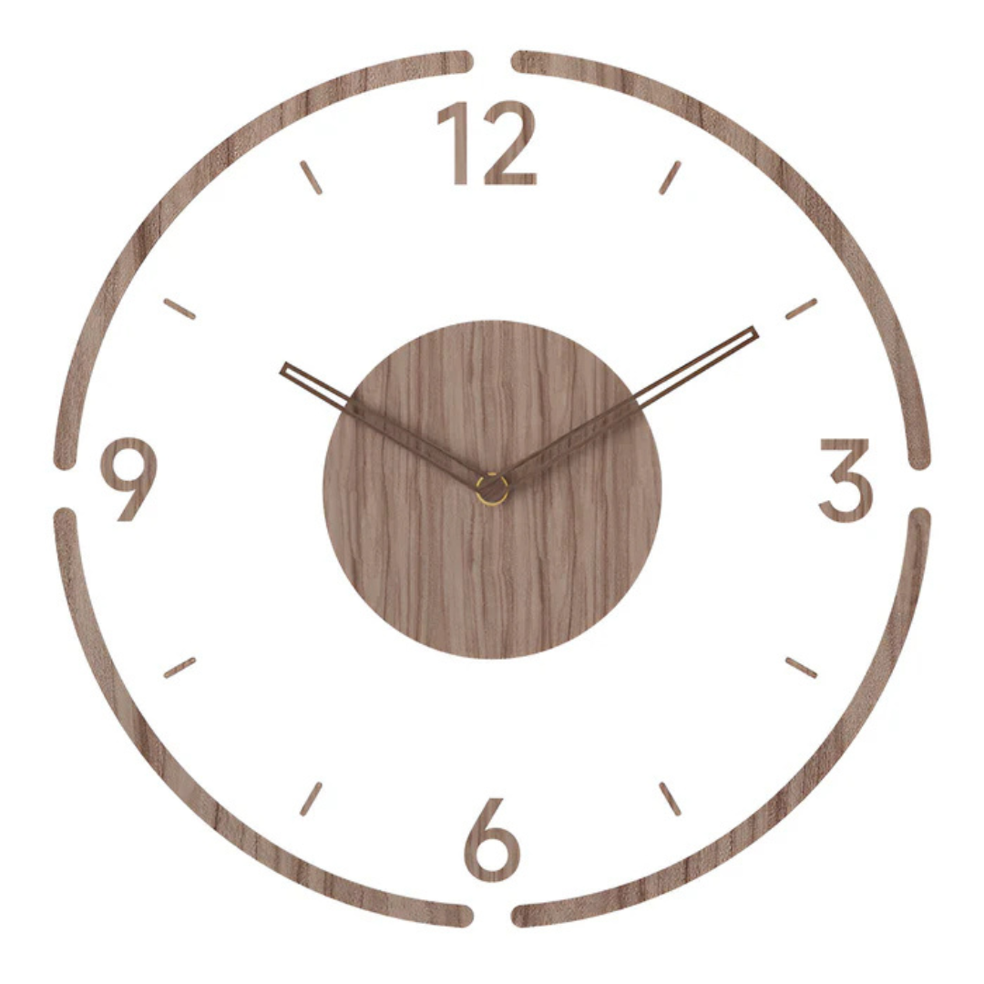 Horloge murale en bois minimaliste avec chiffres et aiguilles marron, design moderne, décoration intérieure élégante, style scandinave.