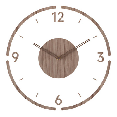 Horloge murale en bois minimaliste avec chiffres et aiguilles marron, design moderne, décoration intérieure élégante, style scandinave.