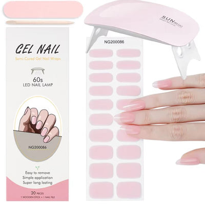 Kit manucure semi-permanent avec lampe LED rose, autocollants gel pour ongles, boîte d'emballage, et main féminine avec ongles vernis.