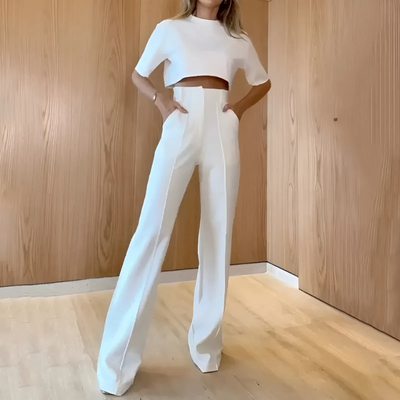 Fran | Ensemble deux pièces pour dames | Pantalon à jambes larges & Top à col en O avec manches 3/4