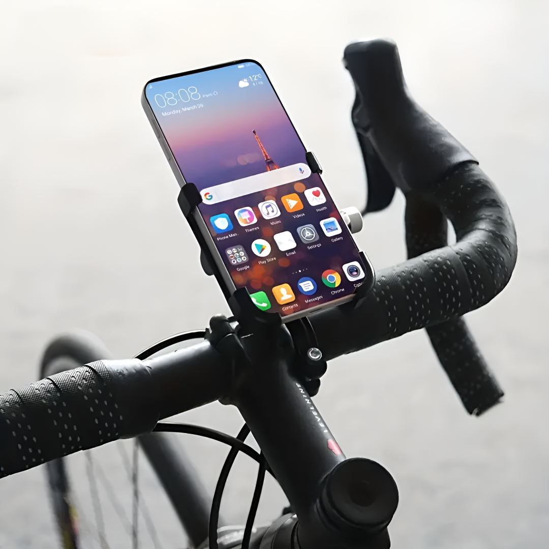 Smartphone monté sur guidon de vélo, affichant des applications populaires. Accessoire vélo pratique pour navigation et suivi d'activité.