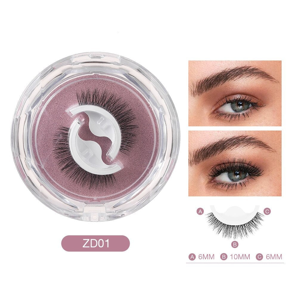 Faux cils ZD01 en boîte ronde transparente, longueur mixte 6mm et 10mm, avec photos d'application sur yeux maquillés, idéal pour un regard intense.