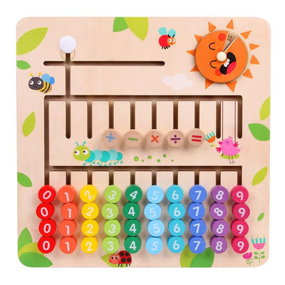 Jeu éducatif en bois pour enfants, avec chiffres colorés, symboles mathématiques, et motifs d'insectes. Idéal pour apprendre les mathématiques.