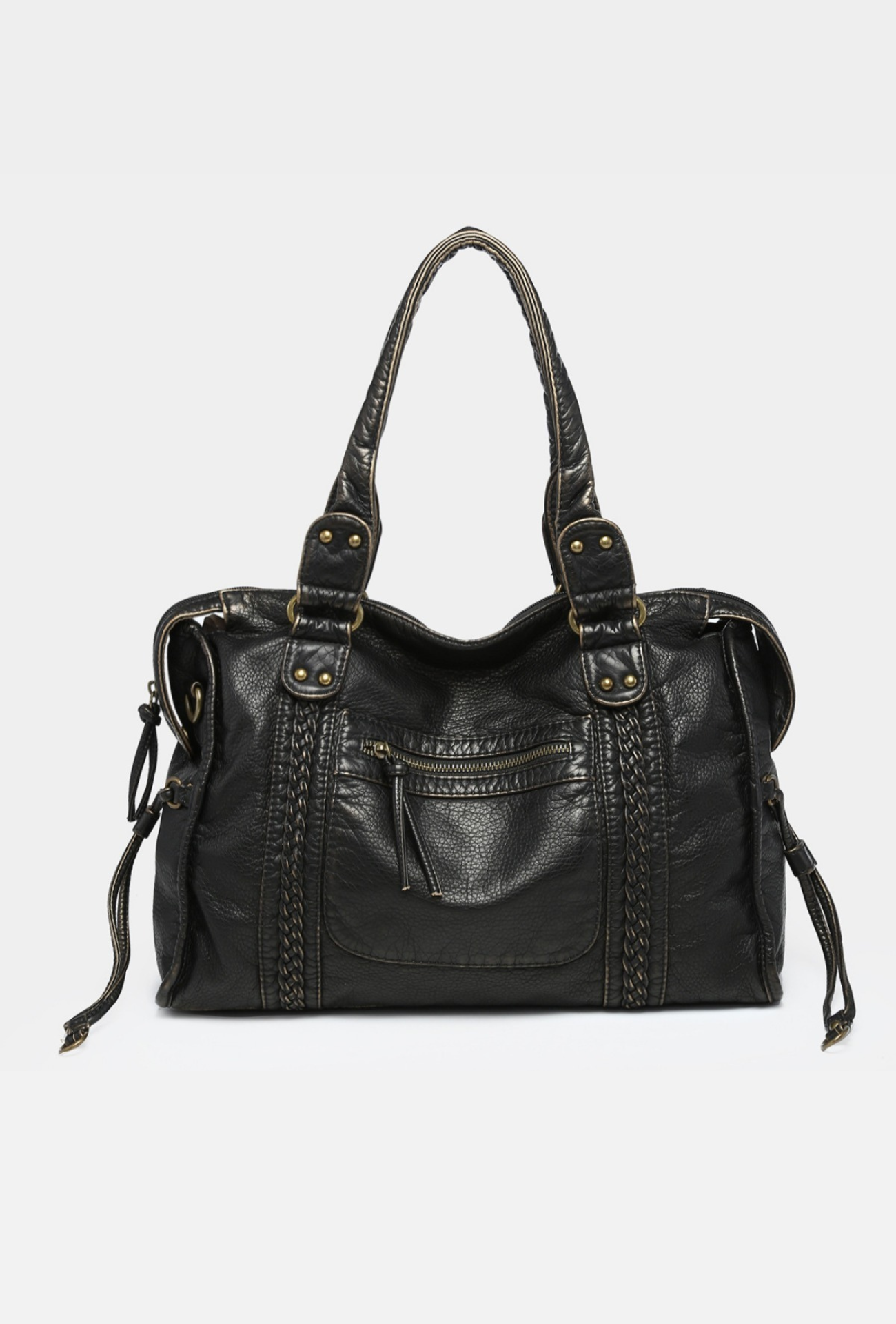Sac à main en cuir noir avec détails en métal doré, poches zippées et anses tressées. Élégant et pratique pour un usage quotidien.
