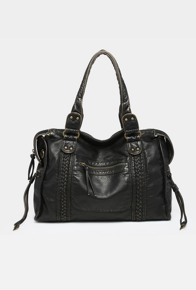 Sac à main en cuir noir avec détails en métal doré, poches zippées et anses tressées. Élégant et pratique pour un usage quotidien.