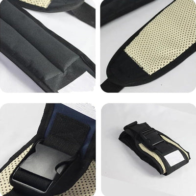 Quatre images de ceinture de sécurité voiture avec coussin rembourré noir et blanc, boucle en plastique robuste, design ergonomique pour confort et sécurité.