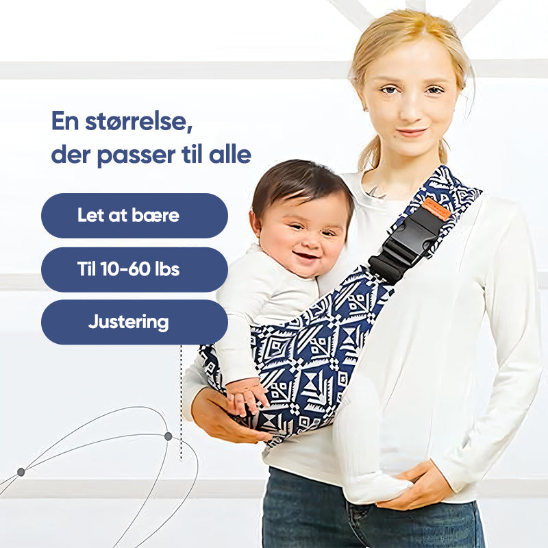 Femme portant un bébé dans un porte-bébé ergonomique bleu et blanc, ajustable, confortable, adapté pour 10-60 lbs. Idéal pour le transport quotidien.