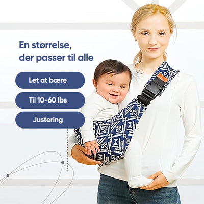 Femme portant un bébé dans un porte-bébé ergonomique bleu et blanc, ajustable, confortable, adapté pour 10-60 lbs. Idéal pour le transport quotidien.