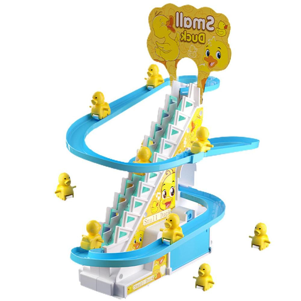 Jouet toboggan en plastique avec petits canards jaunes, escalier roulant bleu, enseigne "Small Duck". Jeu interactif pour enfants, amusant et coloré.