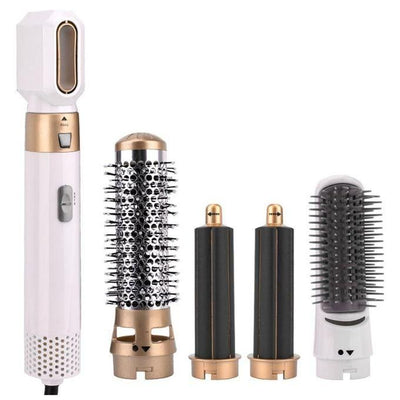 Sèche-cheveux multifonction blanc avec accessoires: brosse ronde, embouts coiffants, brosse lissante. Outil coiffure professionnel moderne.