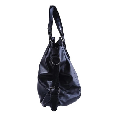 Sac à main en cuir noir, vue latérale, avec anses robustes et détails métalliques. Accessoire mode élégant pour femmes, tendance et pratique.