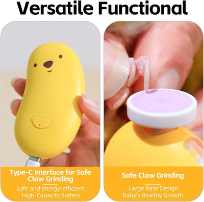 Appareil de meulage des ongles pour bébé, jaune, avec interface Type-C et design sécurisé, favorisant la croissance saine des ongles de bébé.