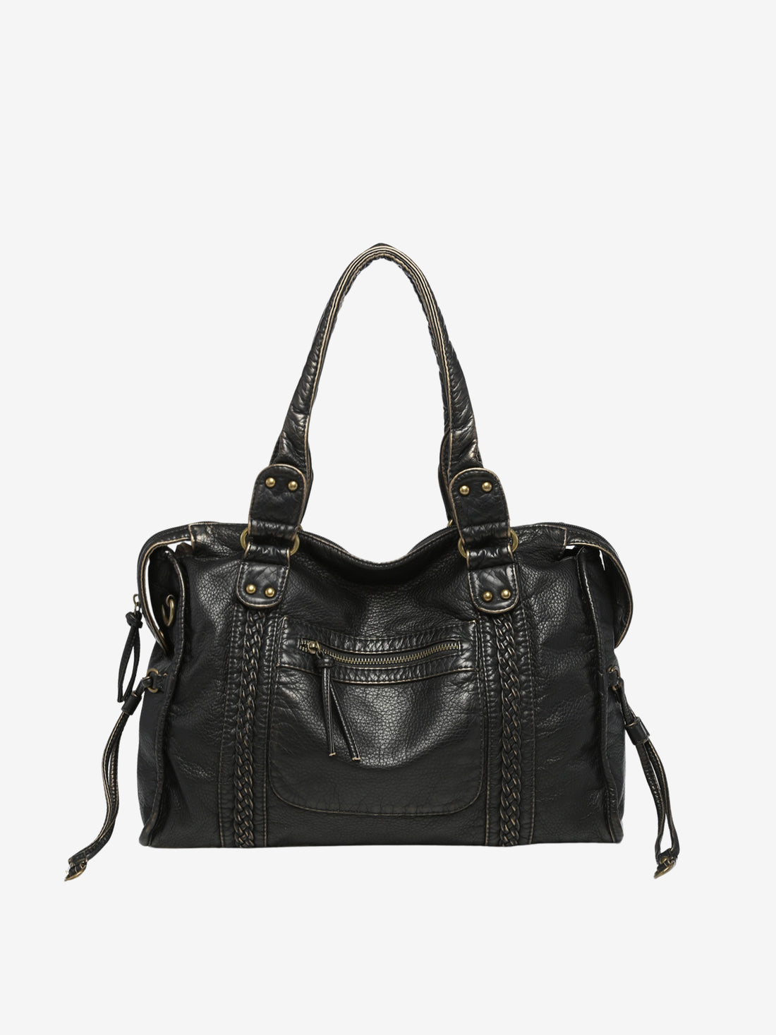 Sac à main en cuir noir élégant avec coutures décoratives, poches zippées et anses robustes. Accessoire mode femme chic et pratique.