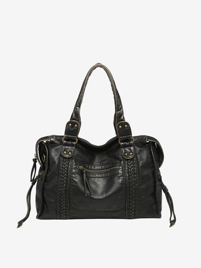 Sac à main en cuir noir élégant avec coutures décoratives, poches zippées et anses robustes. Accessoire mode femme chic et pratique.